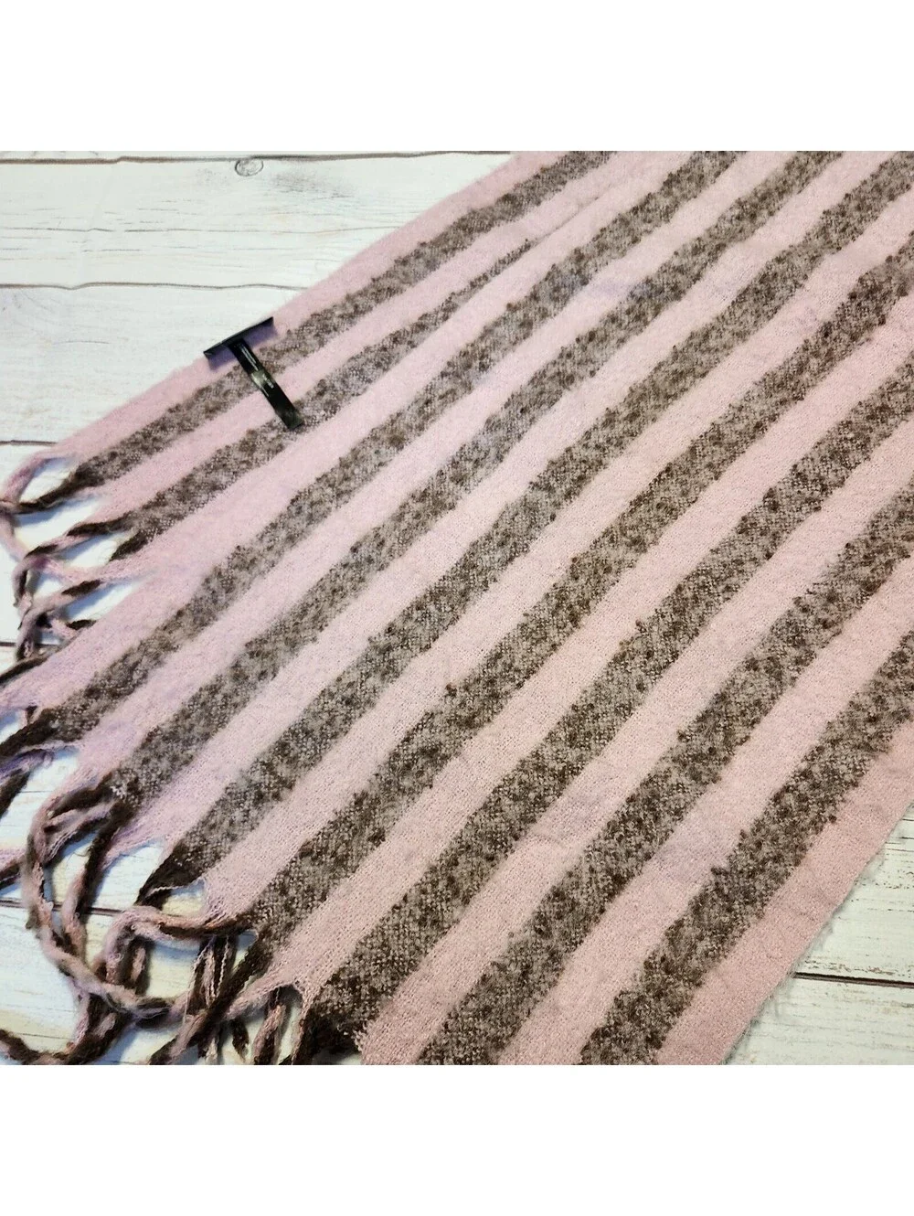 Anthropologie Pink and Brown Striped Wool Blend Scarf with Fringe